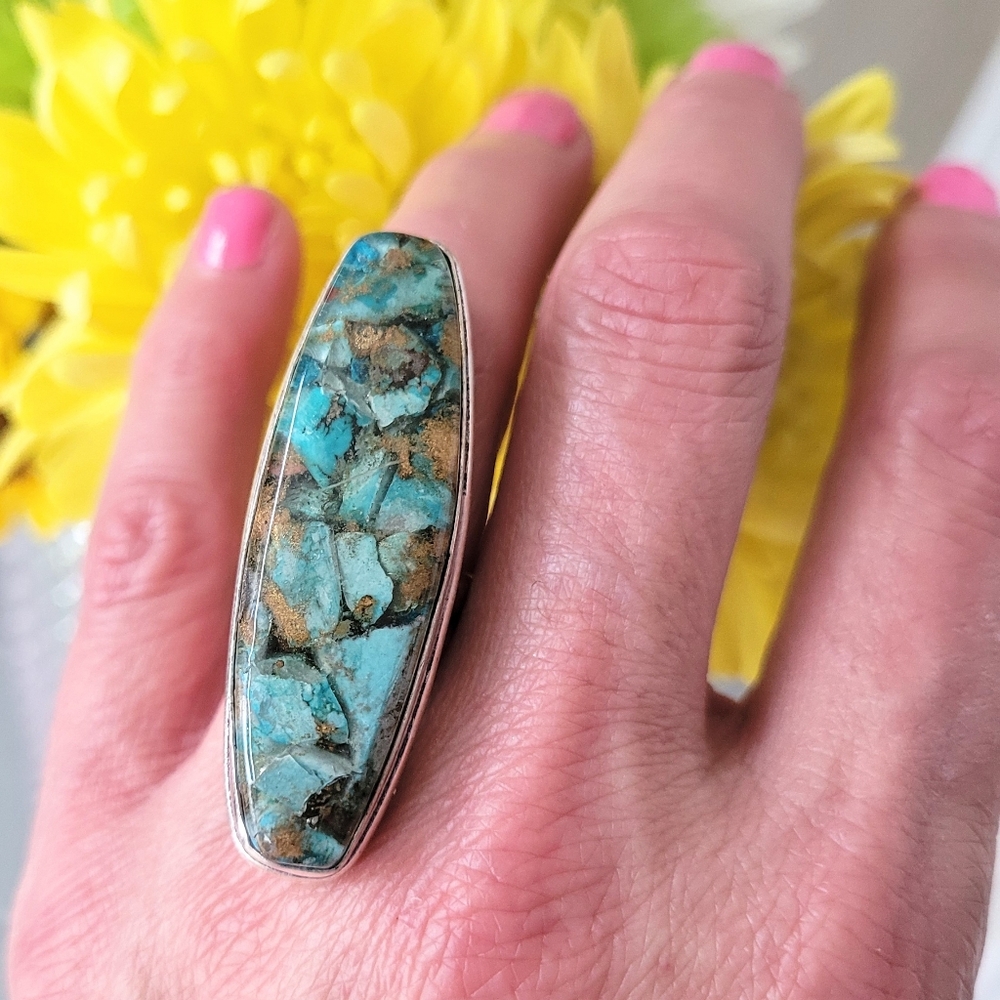 🩵Copper Turquoise Gemstone Sterling Silver Stamped Ring